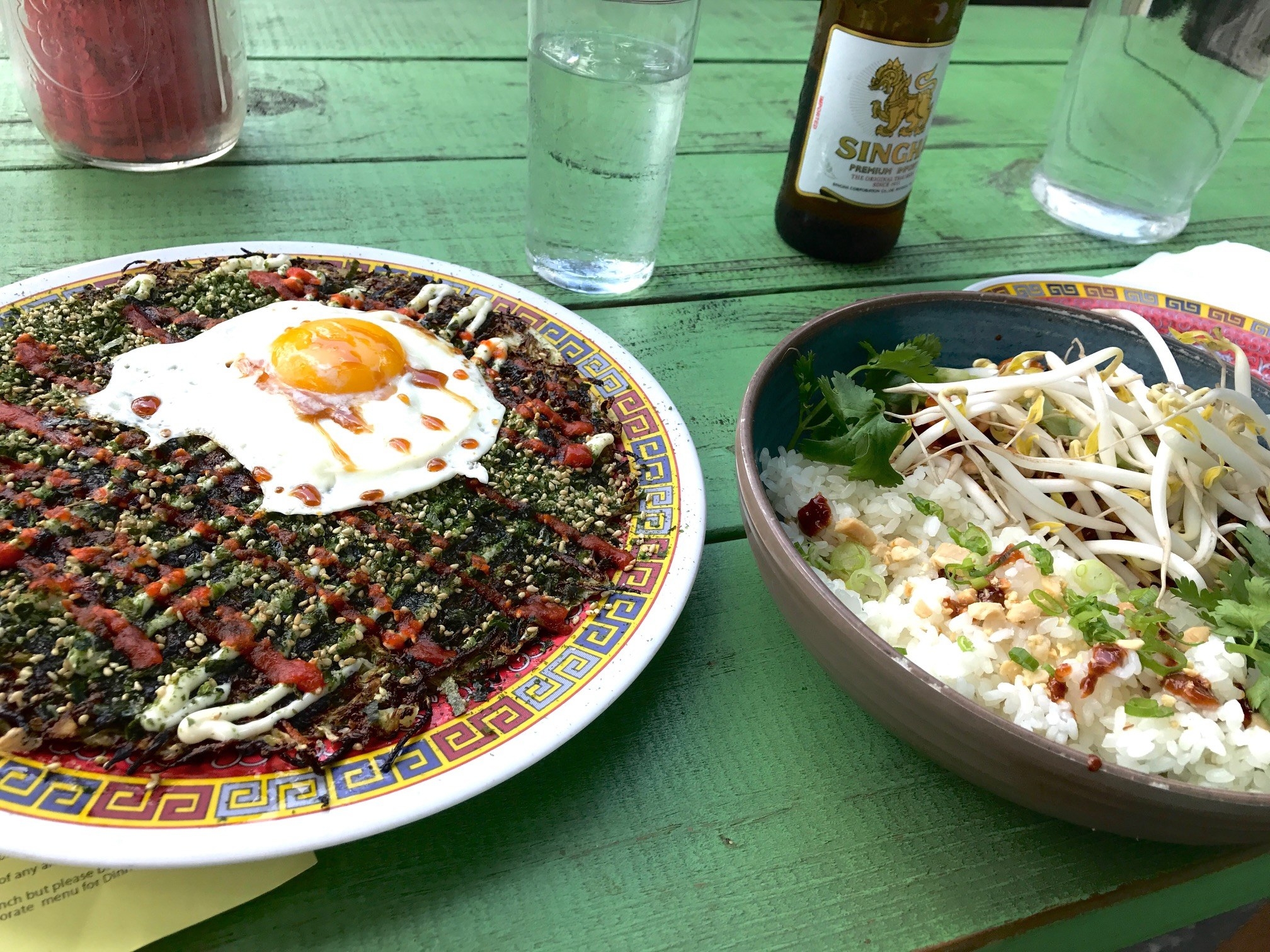 Okonomiyaki and a rice dish