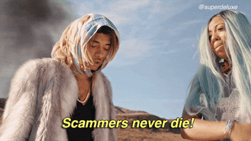 Joanne proclaiming that &quot;Scammers never die!&quot;