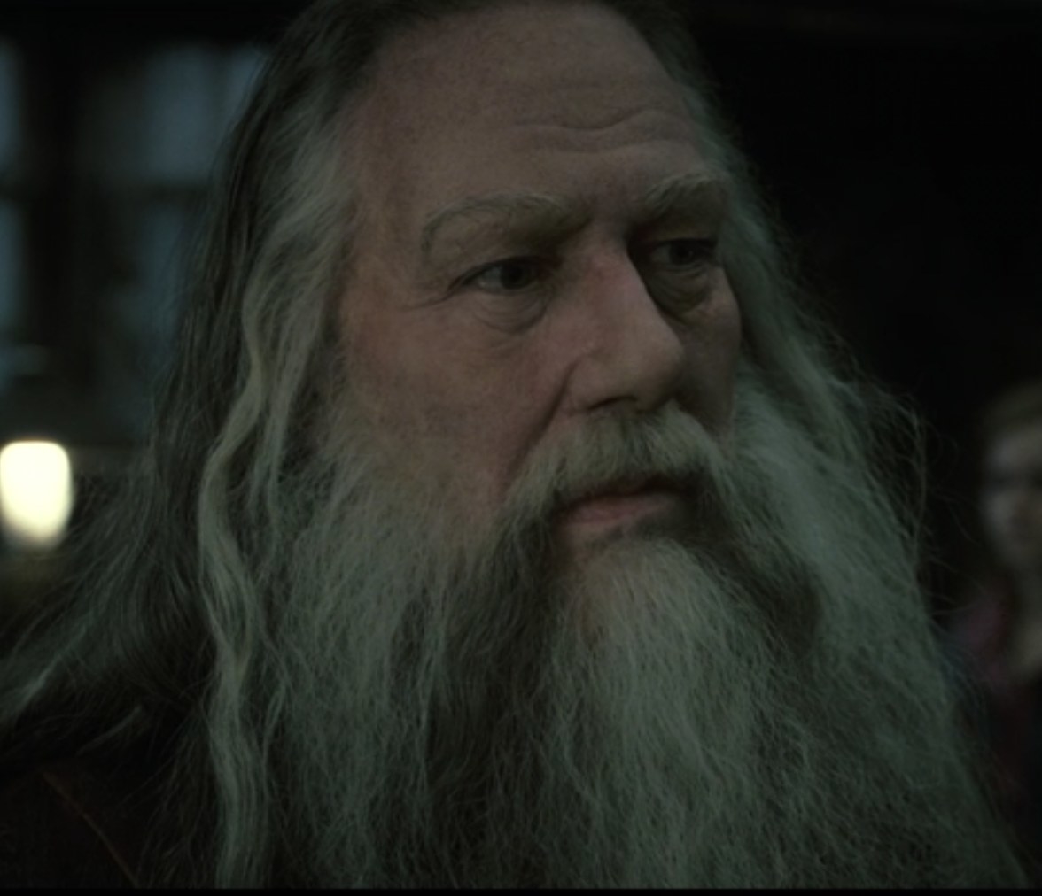 Ciarán Hinds as Aberforth Dumbledore talks with Harry Potter about his brother, Albus