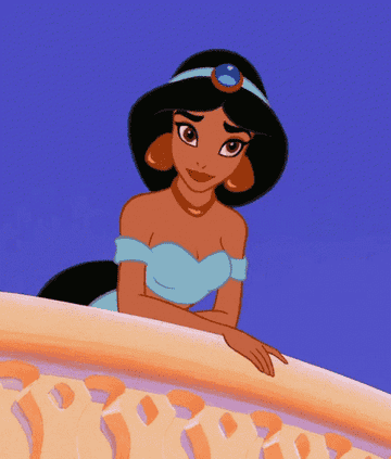 Princess Jasmine leans on her balcony with her chin in her hand