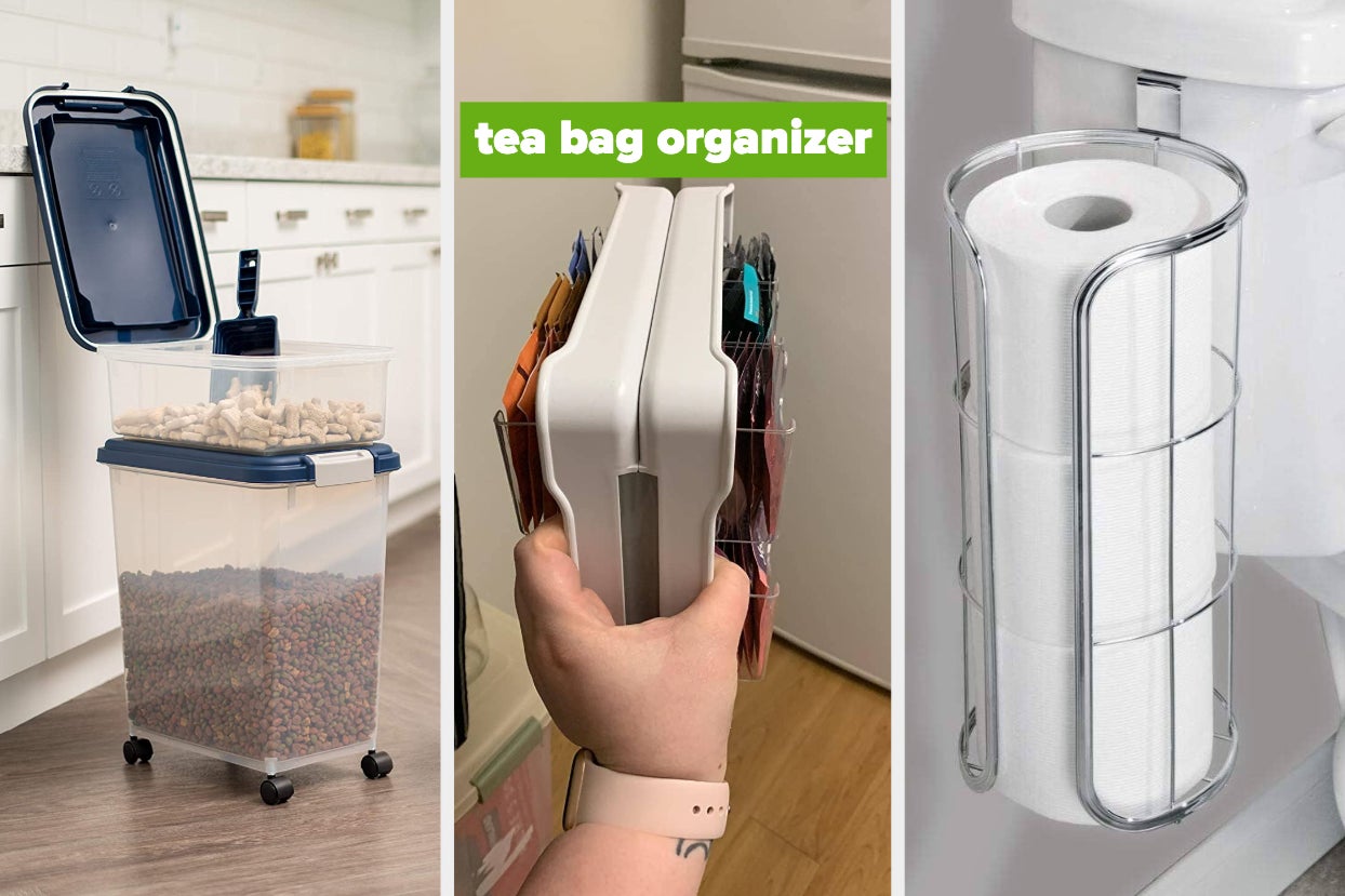 L: rolling two-tier plastic storage containers, one with dog treats and the other with dog food M: tea bag organizer R: over the tank toilet paper holder
