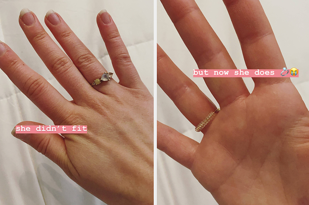 reviewer's hand wearing a ring with text: she didn't fit / the other side of the reviewer's hand showing the ring with an adjuster with text: but now she does