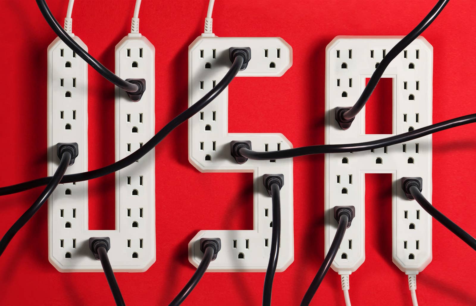 An illustration of power strips modified to spell &quot;USA&quot; with lots of plugs coming out in various directions