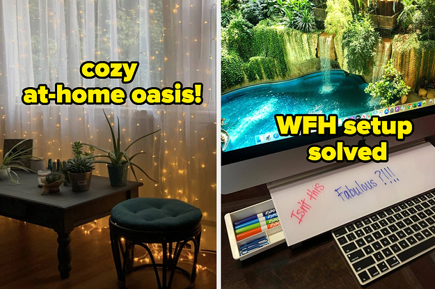 the sheer curtains with string lights with text "cozy at-home oasis!", the dry erase board drawer with text "WFH setup solved"