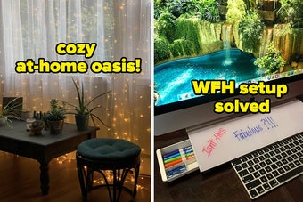 the sheer curtains with string lights with text "cozy at-home oasis!", the dry erase board drawer with text "WFH setup solved"