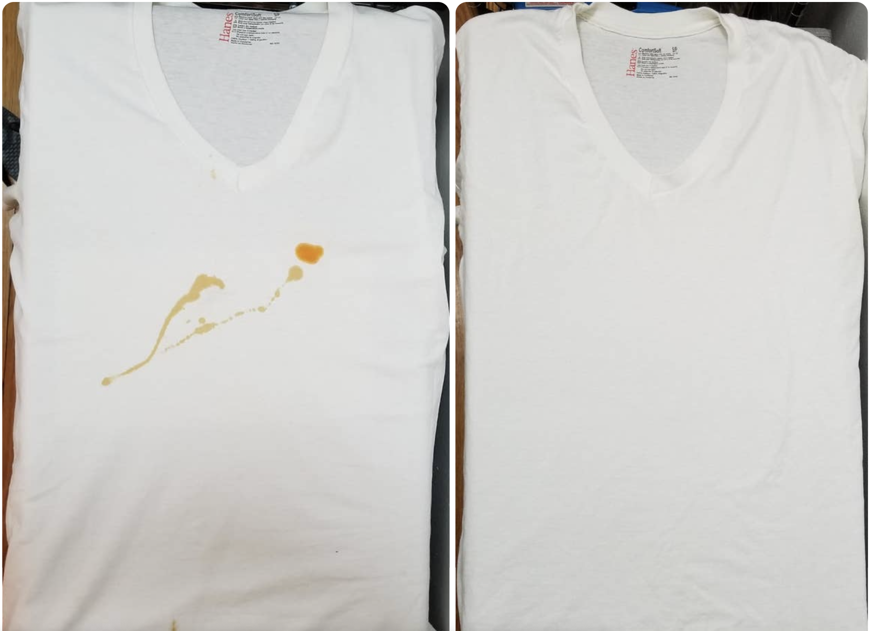 An white shirt with a large orange stain before, and the stain gone after using the stain remover