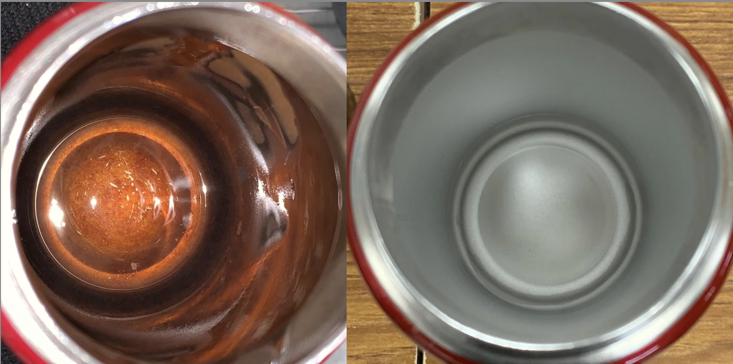 A reviewer&#x27;s brown stained tumbler on the left, and clean on the right