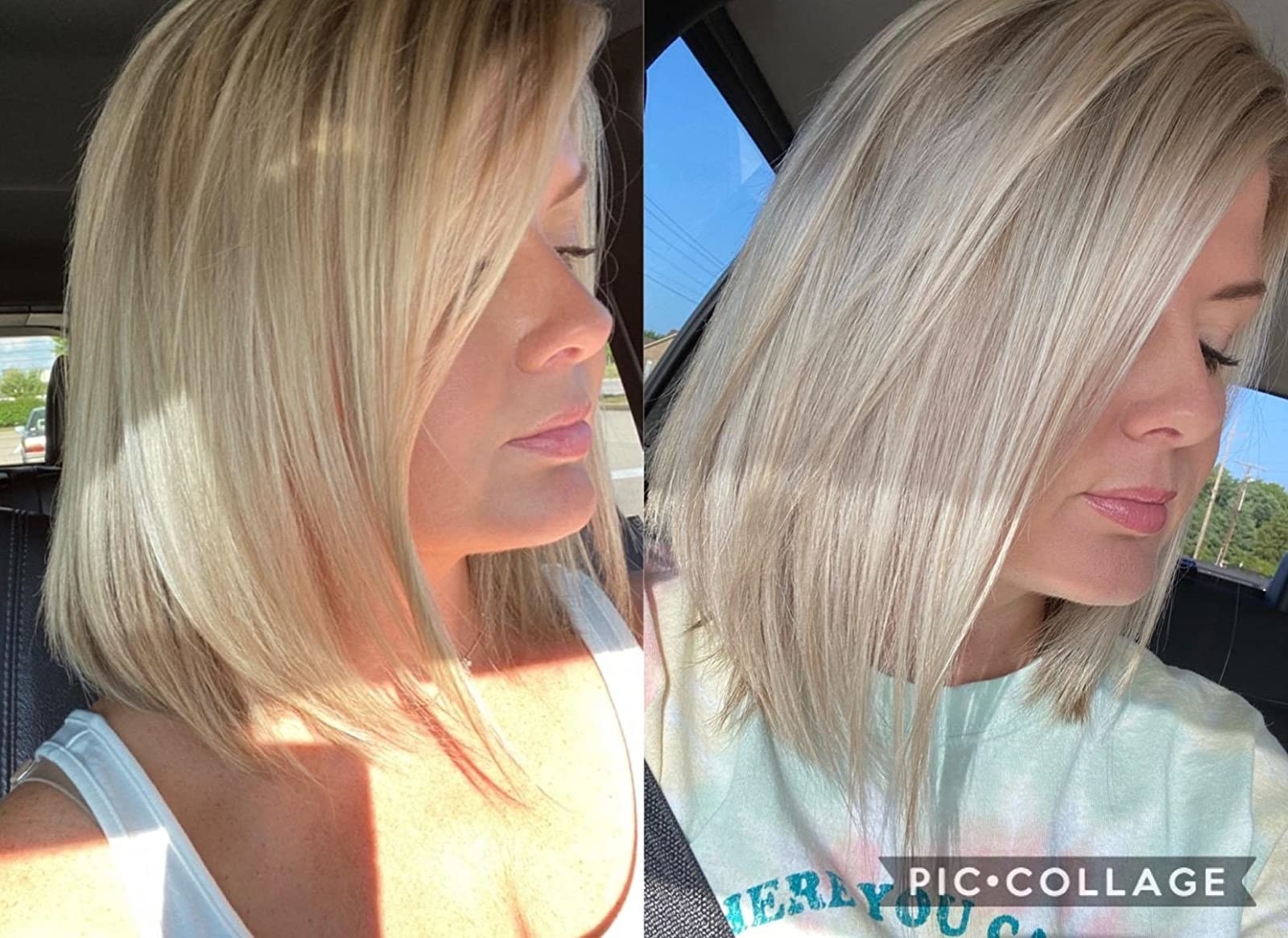 A reviewer with yellow-toned blonde hair before and icy platinum hair after