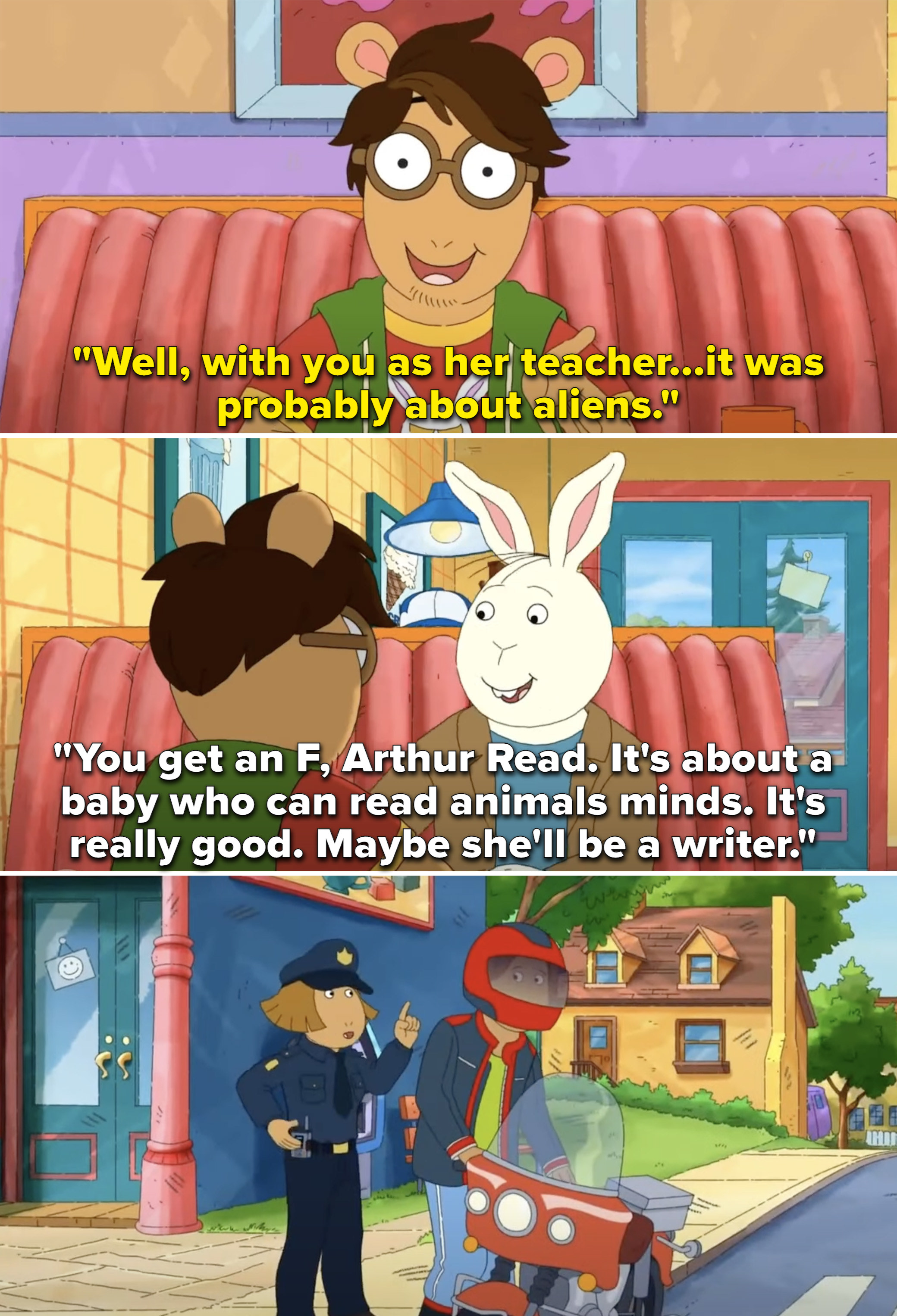 Arthur and Buster talking about a kid in BUster&#x27;s class who wrote a story about a baby who can read animals minds