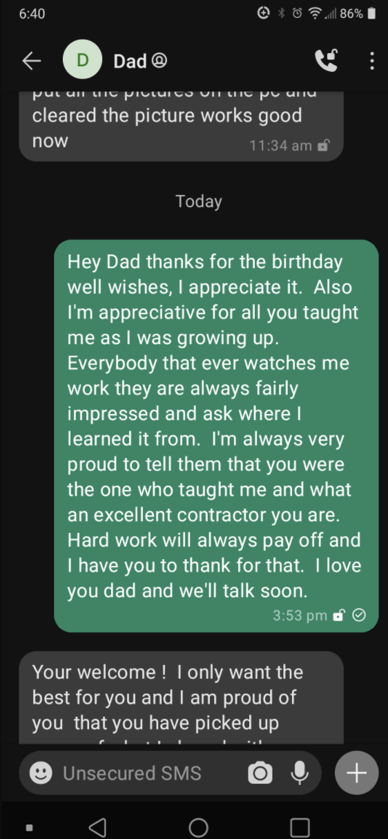 Son thanking dad for teaching him how to be a contractor