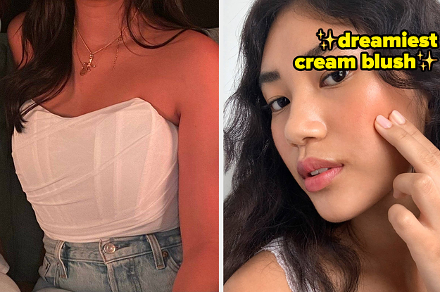 L: reviewer wearing white strapless corset top R: model applying coral cream blush