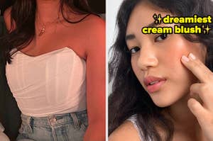 L: reviewer wearing white strapless corset top R: model applying coral cream blush
