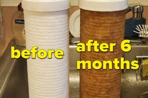 A reviewer's new filter, totally clean and white, compared to a filter after six months' of use, looking brown