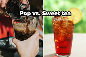 Soda being poured into a glass and a glass of sweet tea with a lemon wedge