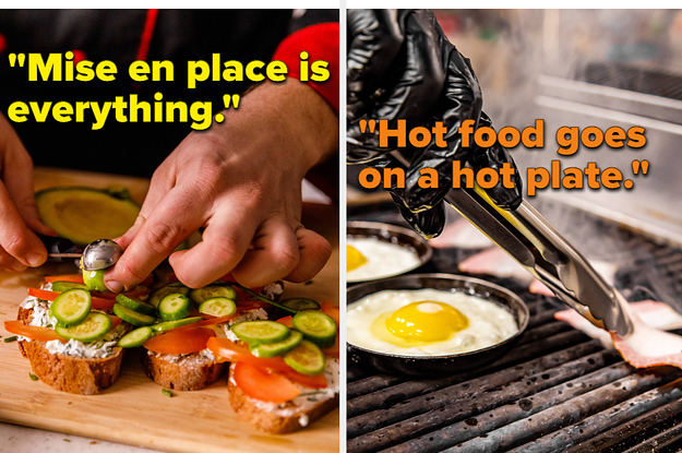 person plating a dish on a cutting board, person using tongs on bacon cooking with eggs on grill