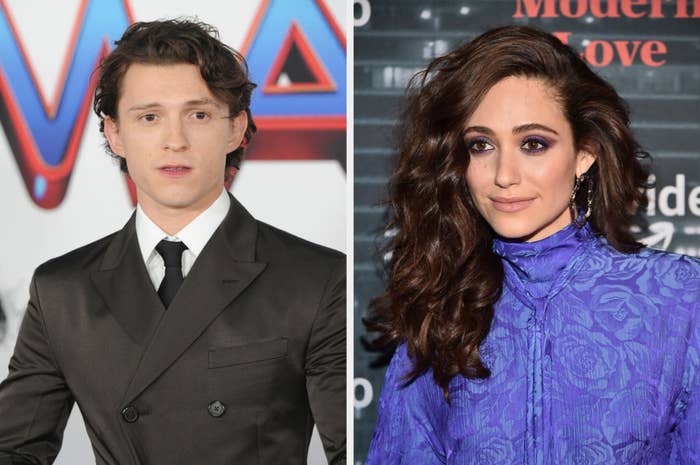 Side-by-sides of Tom Holland and Emmy Rossum on red carpets