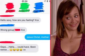A mom gets flirty in a group chat with her daughter and a woman smiles uncomfortably