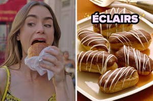On the left, Emily from Emily in Paris eating a pain au chocolat, and on the right, some éclairs