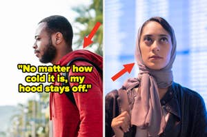 Black man wearing a hoodie and the words "No matter how cold it is, my hood stays off." and a Muslim woman wearing a hijab at an airport
