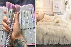 on the left a hand holding unicorn makeup brushes; on the right a shaggy duvet on a bed