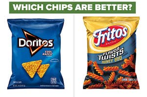 cool ranch doritos on the left and bbq frito twists on the right with the question which chips are better