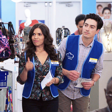 Amy and Jonah giving a thumbs up on "Superstore"