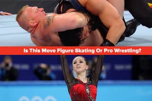 Figure skater poses and pro wrestlers locked in a submission