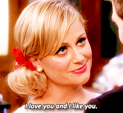 a gif of Leslie Knope from Parks and rec saying &quot;I love you and I like you&quot;