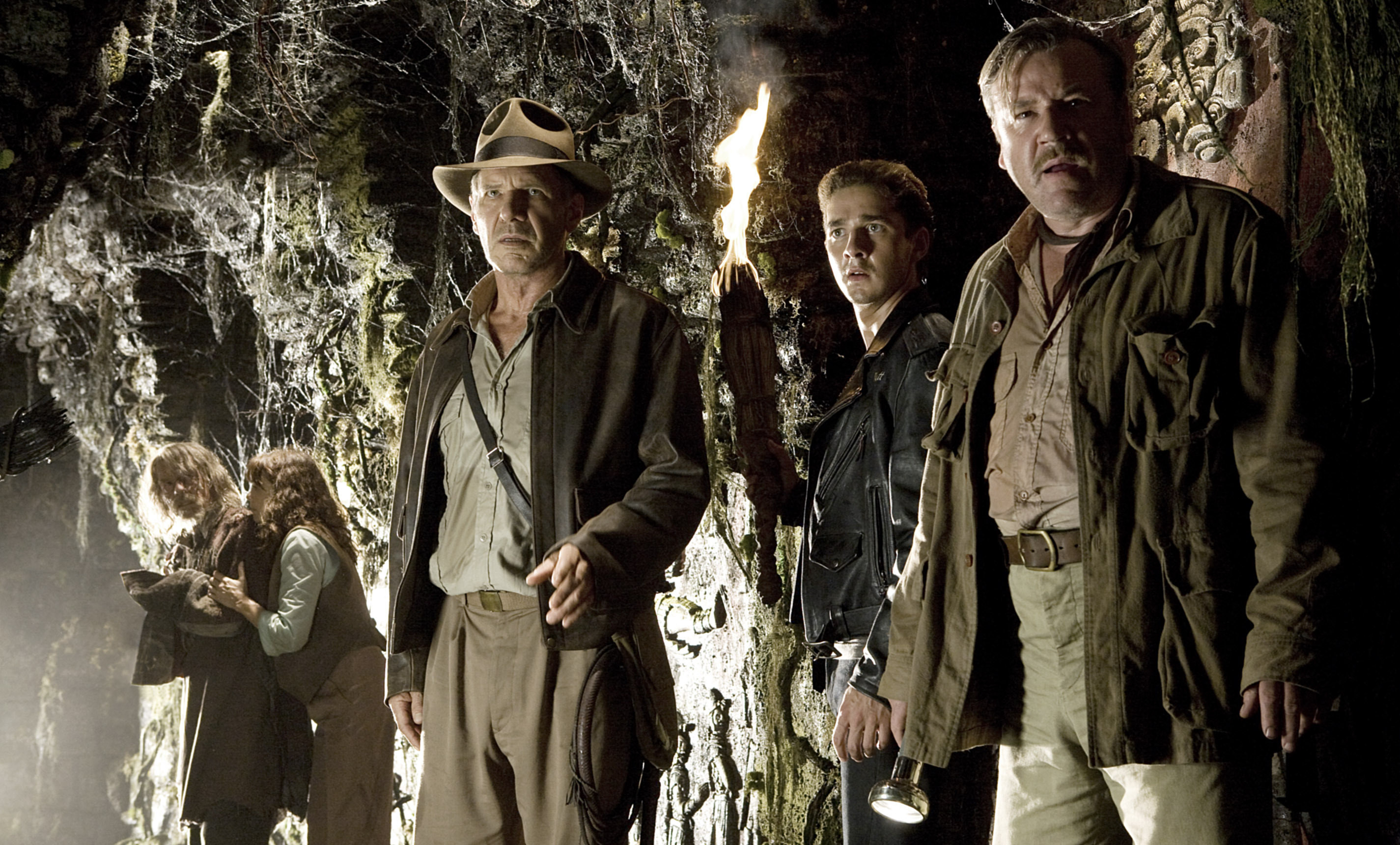 Indiana Jones with others looking concerned in &quot;Indiana Jones and the Kingdom of the Crystal Skull&quot;