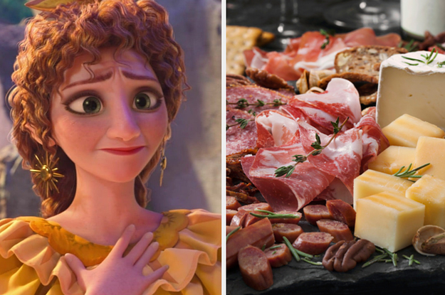 Pepa is on the left with her hand on her chest with a charcuterie board on the right