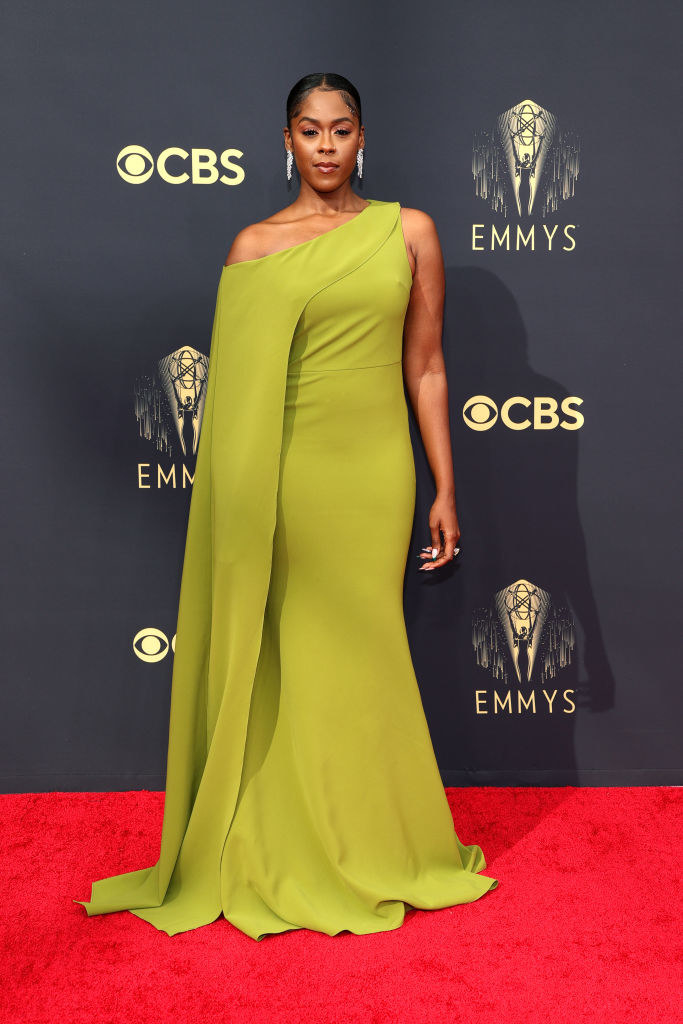 Moses in a stunning off-the-shoulder draped gown at the Emmy Awards