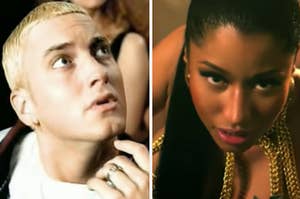 Eminem is on the left looking up with Nicki Minaj on the right looking down
