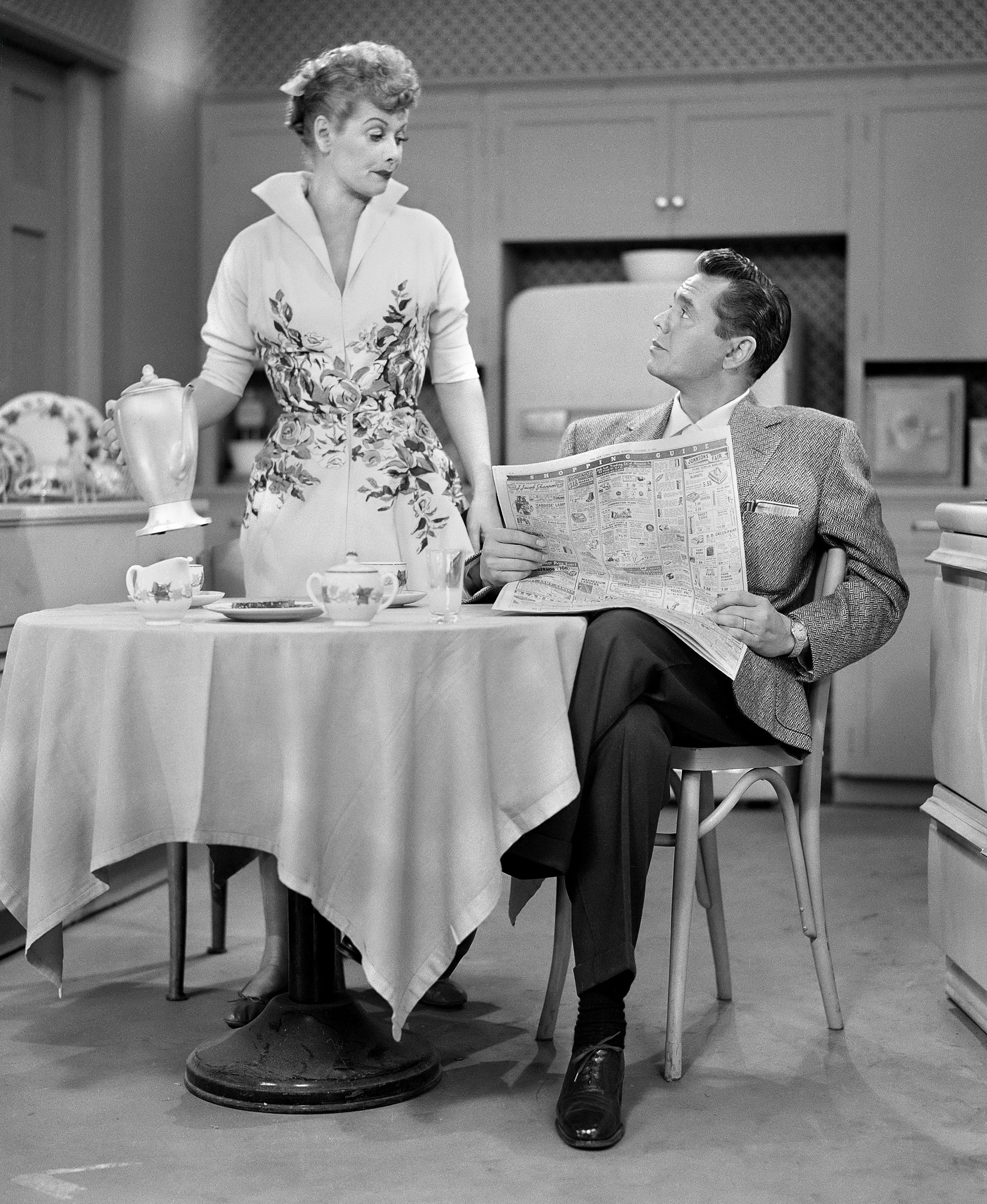 Lucille Ball and Desi Arnaz act in a scene for a 1953 episode of &quot;I Love Lucy&quot;