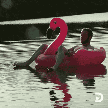 A man floating on a lake in a flamingo-shaped inner tube