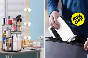 A spinning makeup organizer on a vanity, and a person pulling a small projector out of a bag with a 40% off sticker
