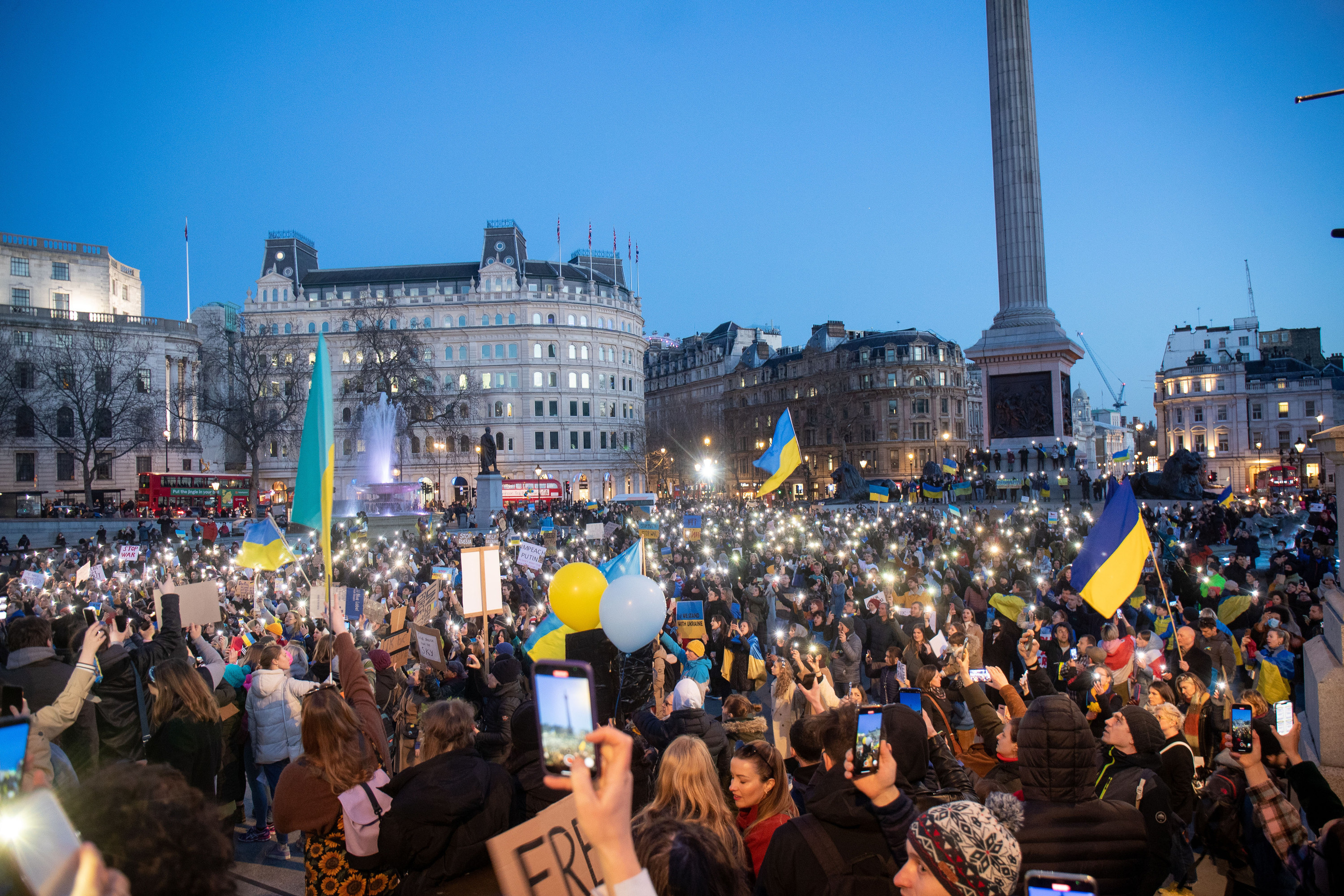 A large crowd with signs in a city center