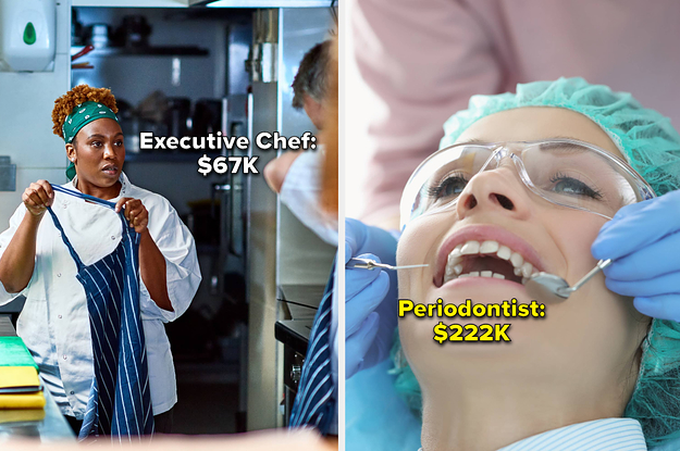 executive chef putting on apron talking to another employee, periodontist examining woman