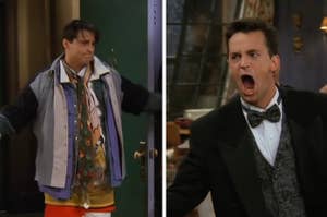 Joey wearing all of Chandler's clothes in "Friends"/Chandler wearing a tuxedo, angry and disgusted, in "Friends"