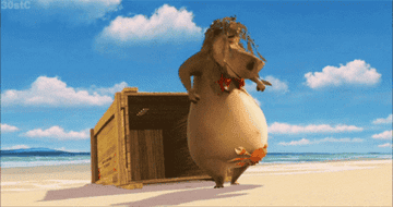 Gif of cartoon hippo dancing on an island with a starfish and crab bikini