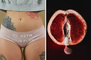 Shot of underwear that says "go with your flow" next to a piece of fruit depicting period blood
