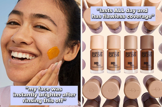 to the left: a model using skincare, to the right: bottles of make up for ever foundation