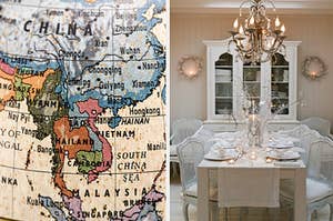 a map of asia on the left and a fancy dining room on the right
