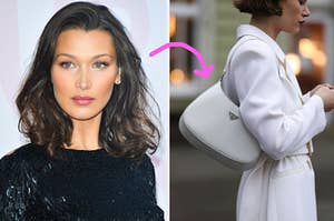 bella hadid on the left and a woman holding a prada bag on the right