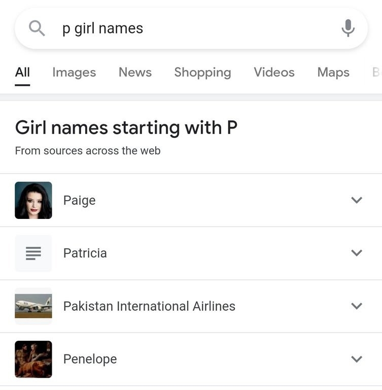 google search for girl names that start with p and one is pakistan aiirlines