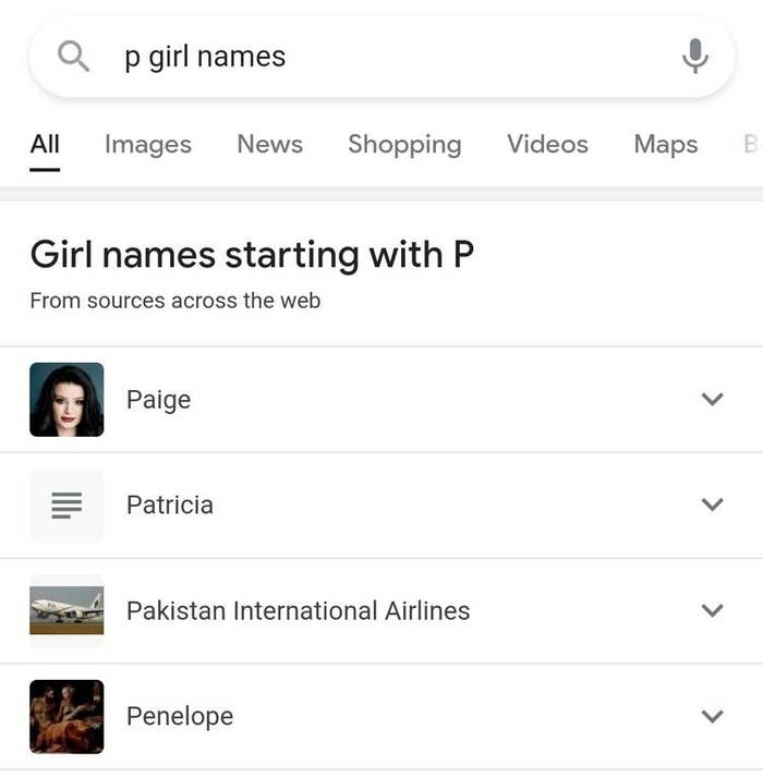 google search for girl names that start with p and one is pakistan aiirlines