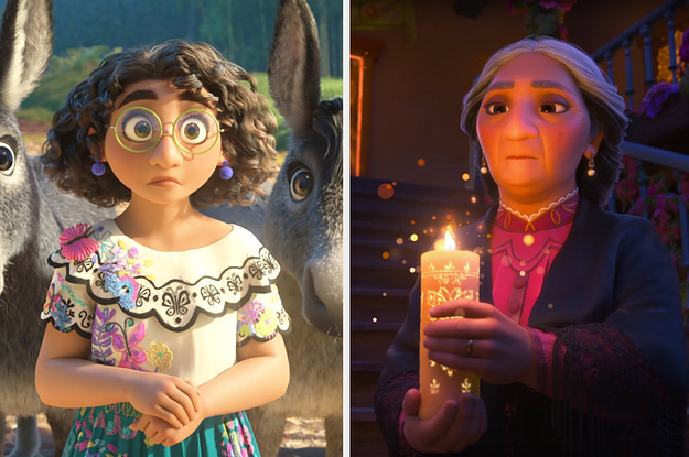 Mirabel looking shocked and Abuela holding the candle and looking stern