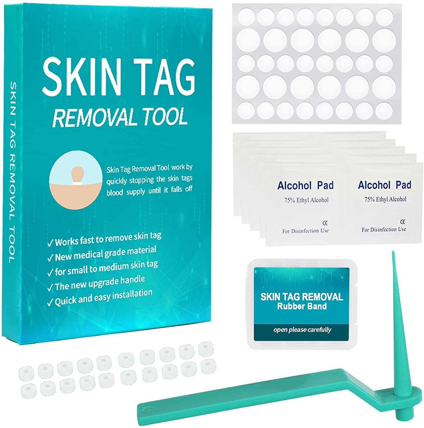 the complete skin tag removing kit that includes a remover tool, cleansing wipes, and removal bands