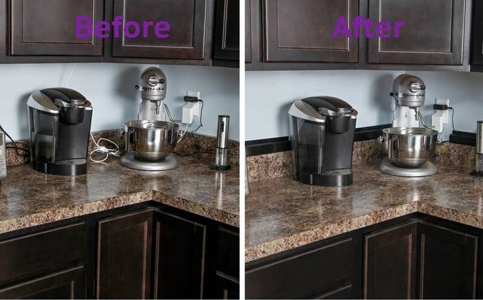 A before and after photo of a cable organizer used in a kitchen