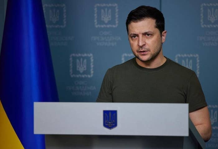 President Volodymyr Zelensky makes a speech in Kyiv