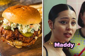 On the left, a spicy chicken sandwich with coleslaw and pickles on top of it, and on the right, Maddy from euphoria